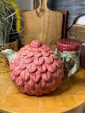 Fitz and Floyd Pink Omnibus Strawberry Teapot with Green Leaf Handle